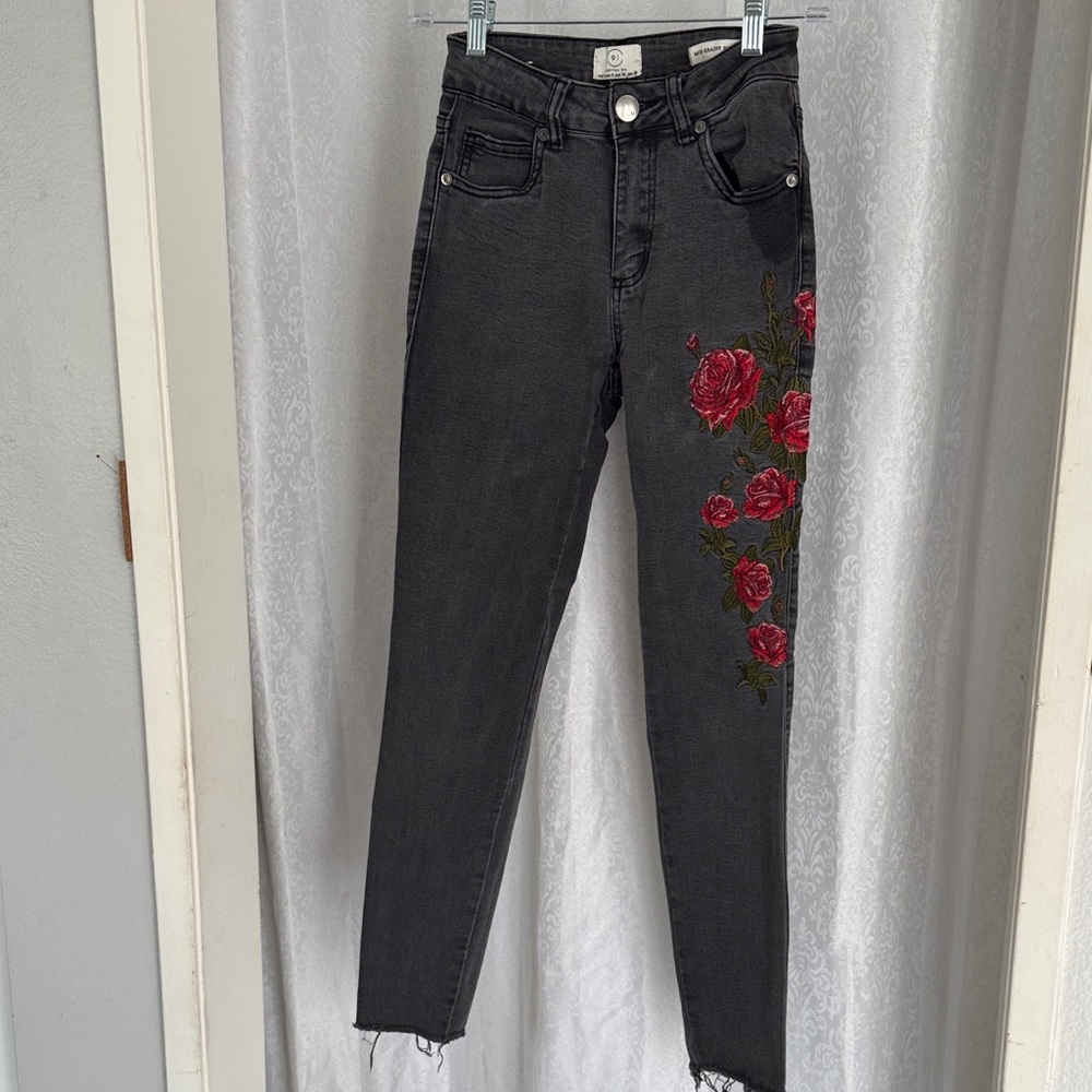 Cotton On Black Jeans with Red Floral Embroidery